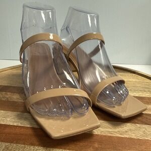 By Far Womens Leather Square Toe Block Heels Shoes Shiny Brown/Nude Size 8/38